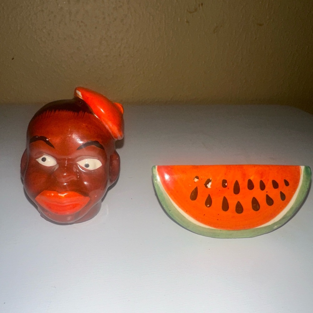 Vintage black Americana salt pepper shaker set watermelon and man